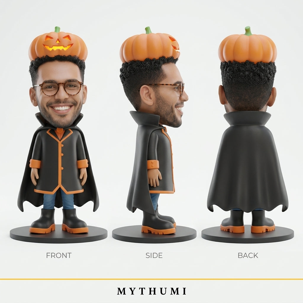 Illustration: front, side and back views of the pumpkin hood monster figurine