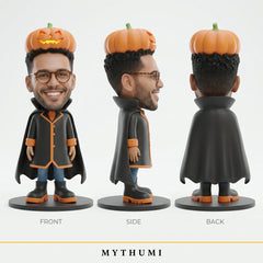 Illustration: front, side and back views of the pumpkin hood monster figurine