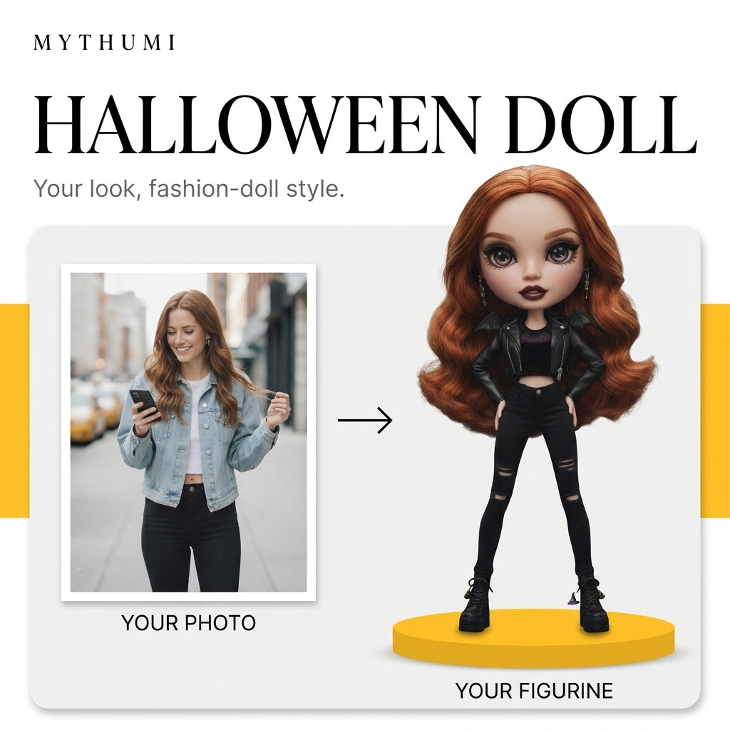 Illustration: before-and-after poster turning a portrait photo into a Halloween fashion doll figurine