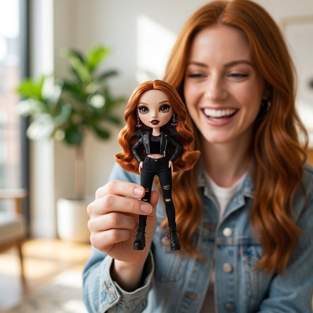 Illustration: a person holding up their Halloween fashion doll figurine at home