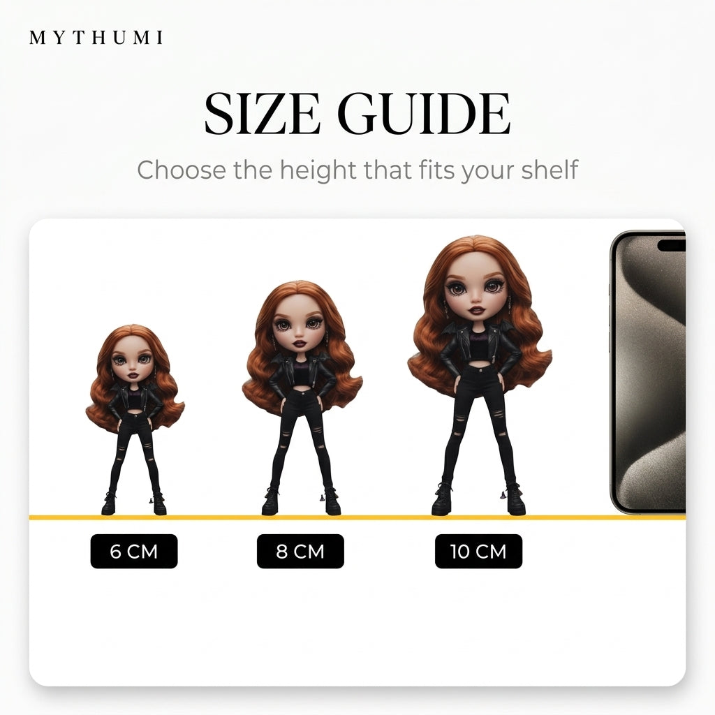 Illustration: the Halloween fashion doll figurine shown side by side in 6 cm, 8 cm and 10 cm heights