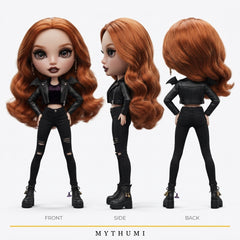 Illustration: front, side and back views of the Halloween fashion doll figurine