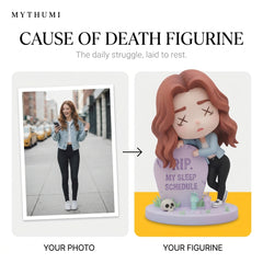 Illustration: before-and-after poster turning a portrait photo into a chibi RIP tombstone figurine