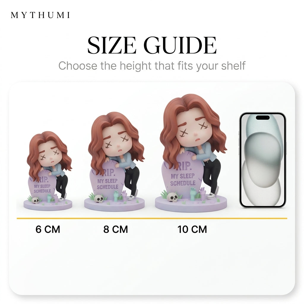 Illustration: the chibi RIP tombstone figurine shown side by side in 6 cm, 8 cm and 10 cm heights