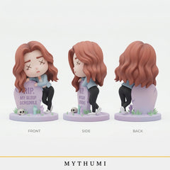 Illustration: front, side and back views of the chibi RIP tombstone figurine