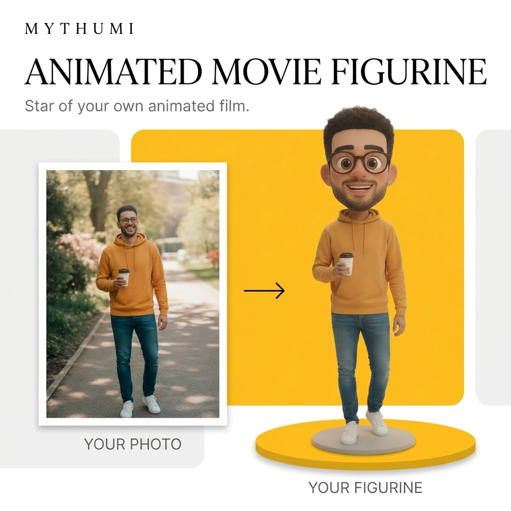 Illustration: before-and-after poster turning a portrait photo into an animated film character figurine