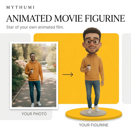 Illustration: before-and-after poster turning a portrait photo into an animated film character figurine