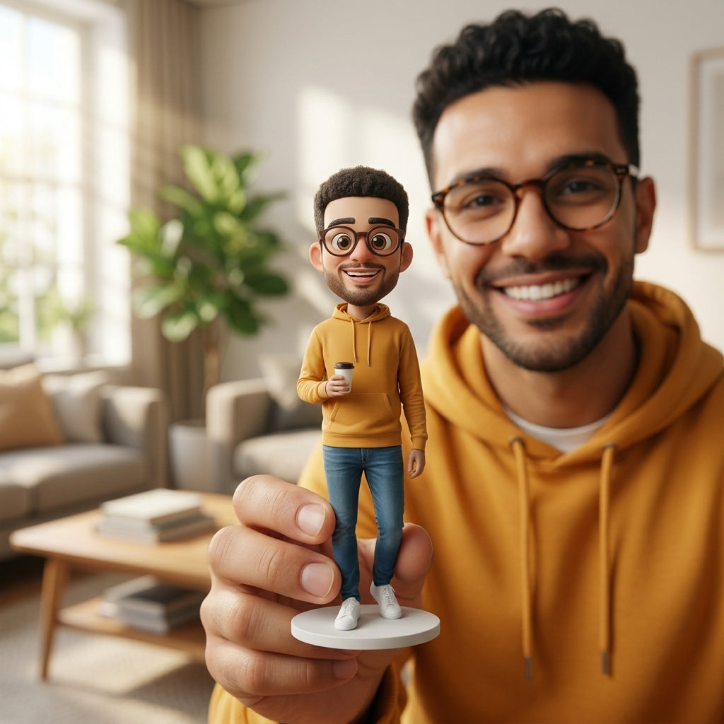 Illustration: a person holding up their animated film character figurine at home