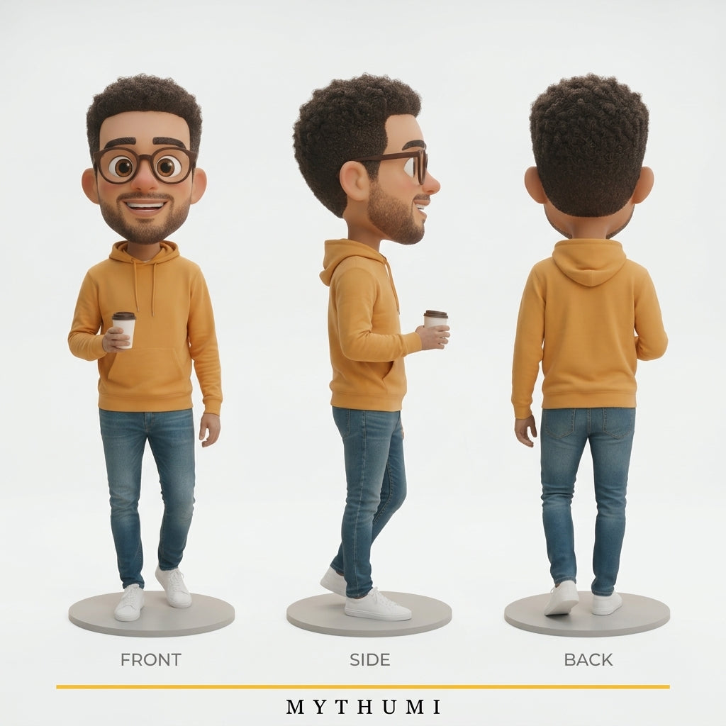 Illustration: front, side and back views of the animated film character figurine