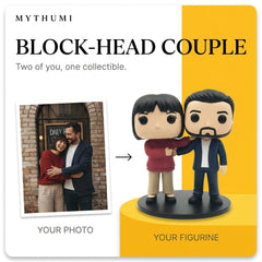 Illustration: before-and-after poster turning a photo of two people into a block-head couple figurine