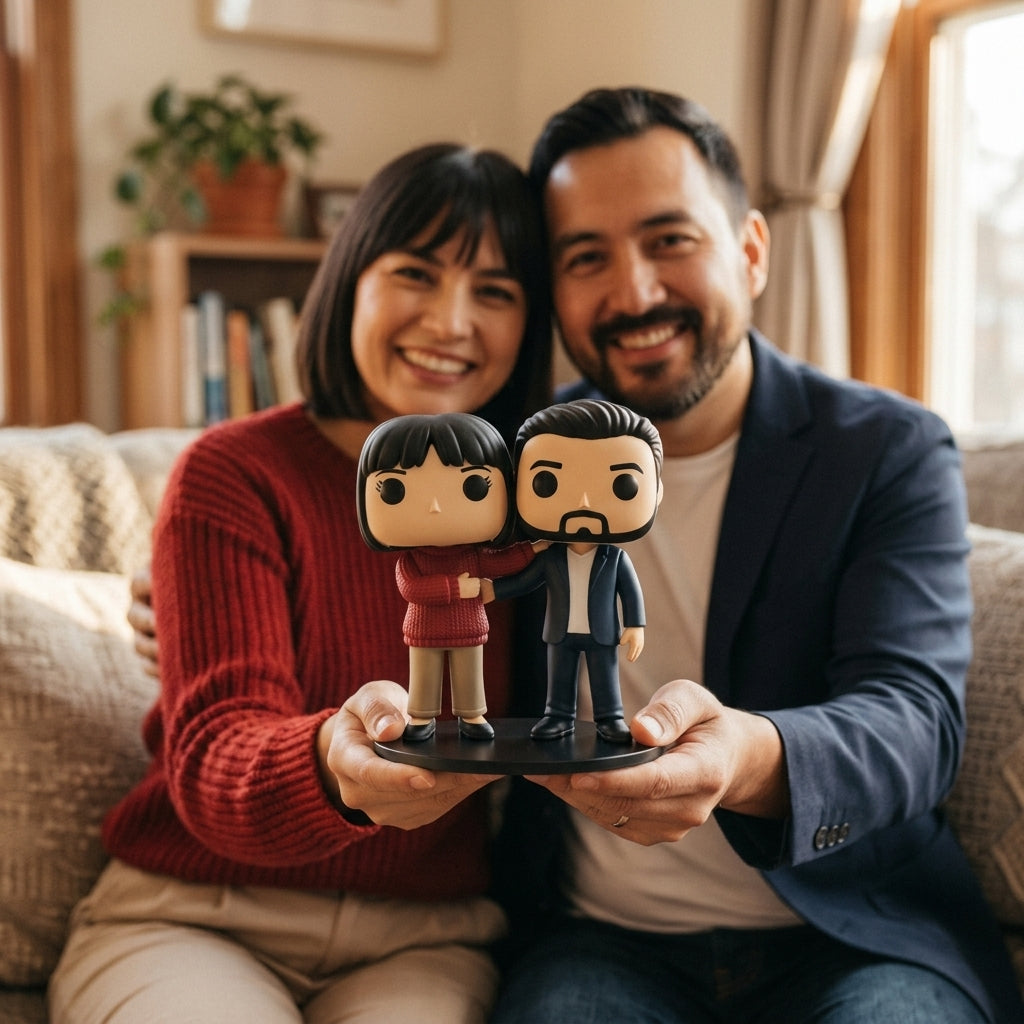 Illustration: a couple holding up their block-head couple figurine at home