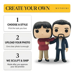 Illustration: three-step poster for ordering a block-head couple figurine: upload, preview, print