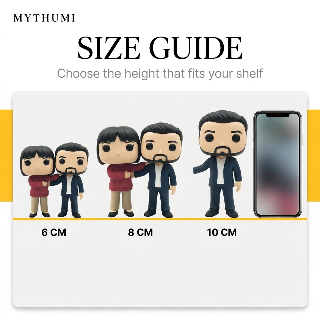 Illustration: the block-head couple figurine shown side by side in 6 cm, 8 cm and 10 cm heights