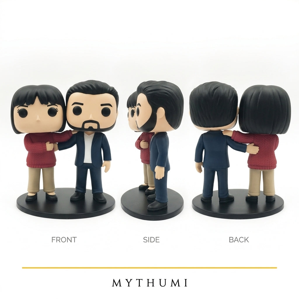 Illustration: front, side and back views of the block-head couple figurine