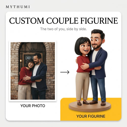 Illustration: before-and-after poster turning a photo of two people into an animated-style couple figurine