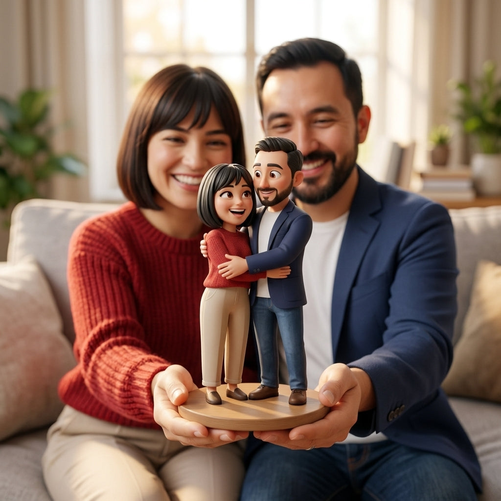 Illustration: a couple holding up their animated-style couple figurine at home