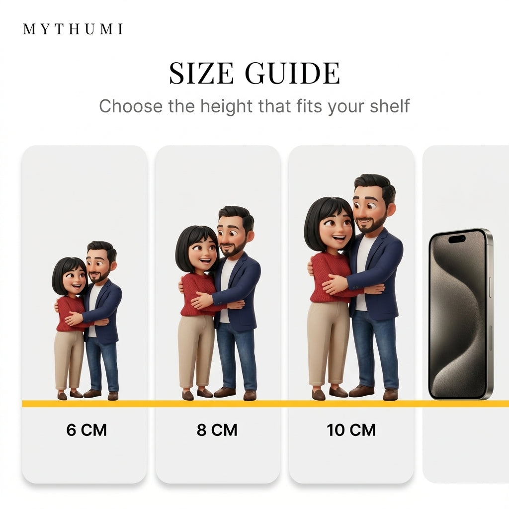 Illustration: the animated-style couple figurine shown side by side in 6 cm, 8 cm and 10 cm heights