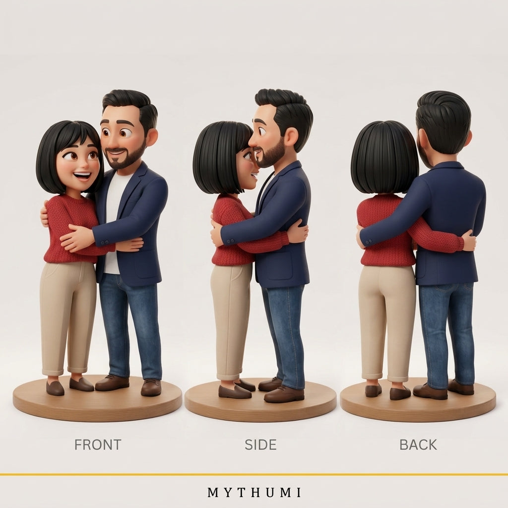 Illustration: front, side and back views of the animated-style couple figurine