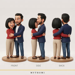 Illustration: front, side and back views of the animated-style couple figurine