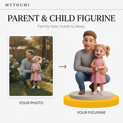 Illustration: before-and-after poster turning a parent-and-child photo into a parent and child figurine