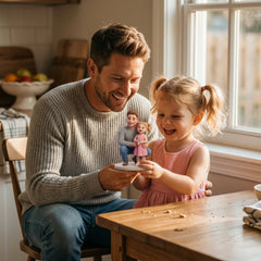 Illustration: a parent and child holding up their family figurine together at home