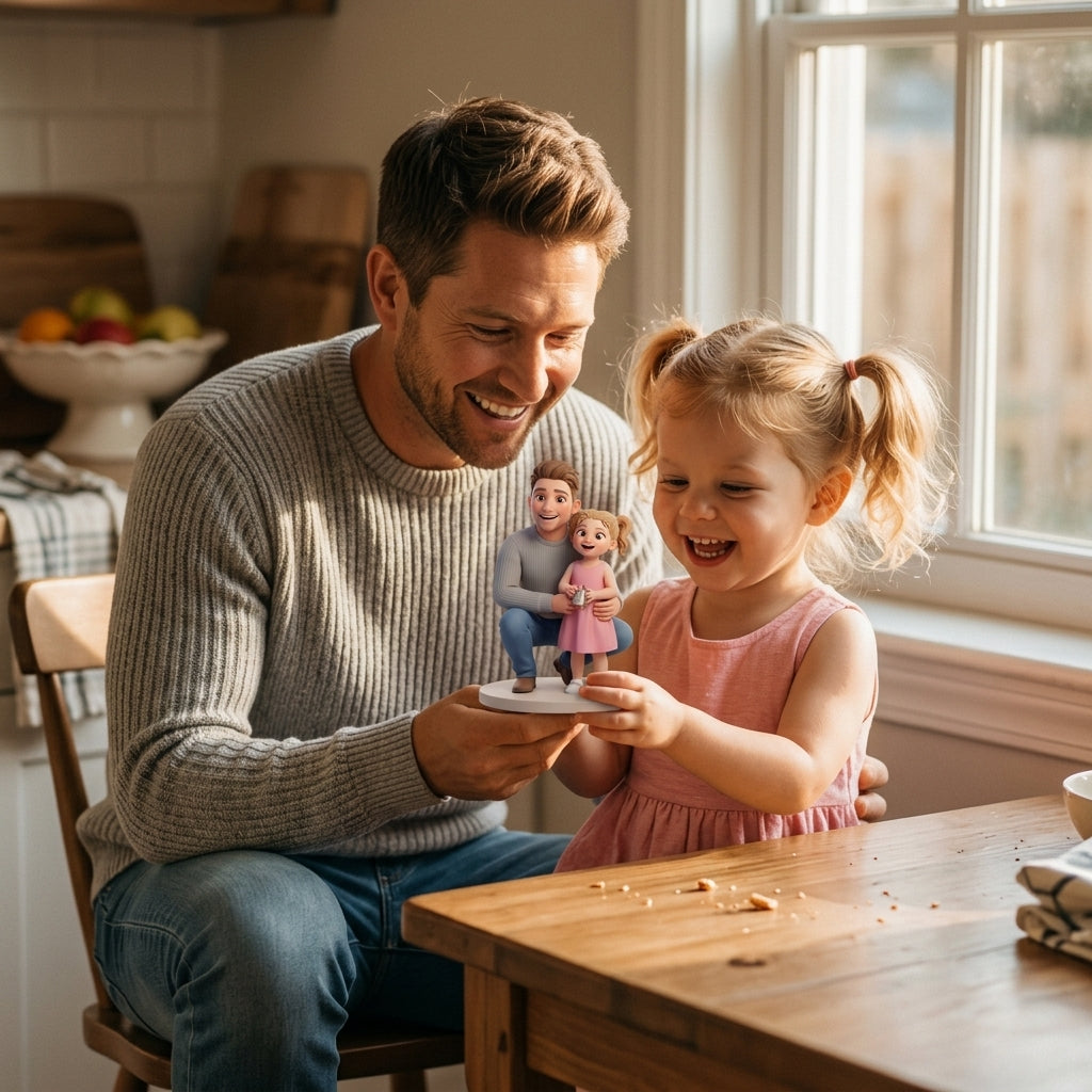 Illustration: a parent and child holding up their family figurine together at home