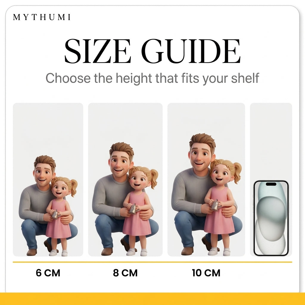 Illustration: the parent and child figurine shown side by side in 6 cm, 8 cm and 10 cm heights