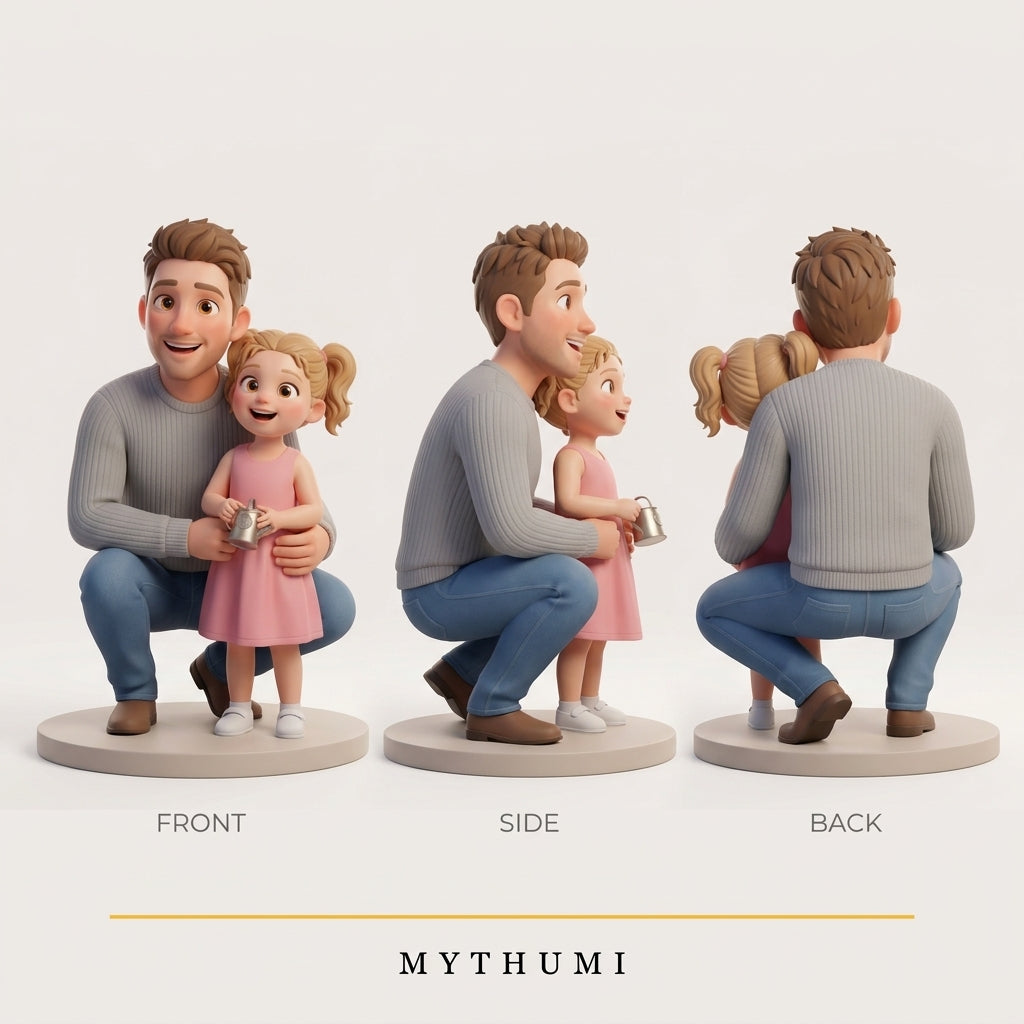 Illustration: front, side and back views of the parent and child figurine