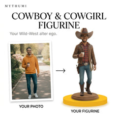 Illustration: before-and-after poster turning a portrait photo into a Wild West cowboy or cowgirl figurine