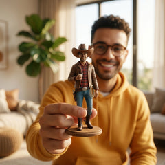 Illustration: a person holding up their Wild West cowboy or cowgirl figurine at home