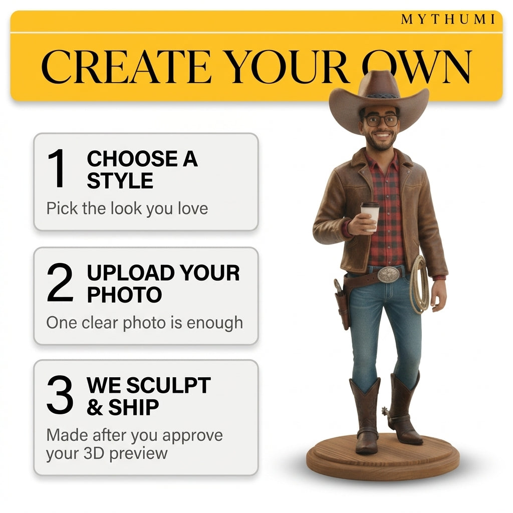 Illustration: three-step poster for ordering a Wild West cowboy or cowgirl figurine: upload, preview, print