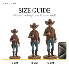 Illustration: the Wild West cowboy or cowgirl figurine shown side by side in 6 cm, 8 cm and 10 cm heights