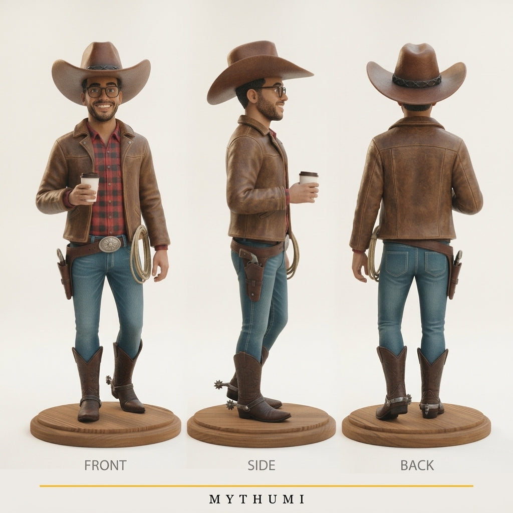 Illustration: front, side and back views of the Wild West cowboy or cowgirl figurine