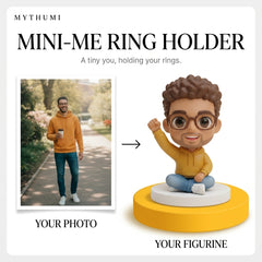 Illustration: before-and-after poster turning a portrait photo into a mini-me ring holder figurine