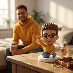 Illustration: a person holding up their mini-me ring holder figurine at home