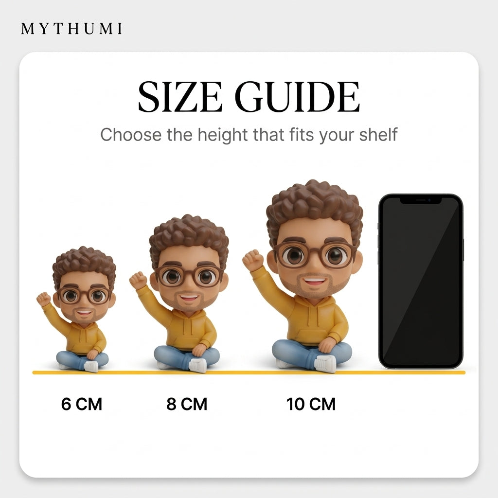 Illustration: the mini-me ring holder figurine shown side by side in 6 cm, 8 cm and 10 cm heights