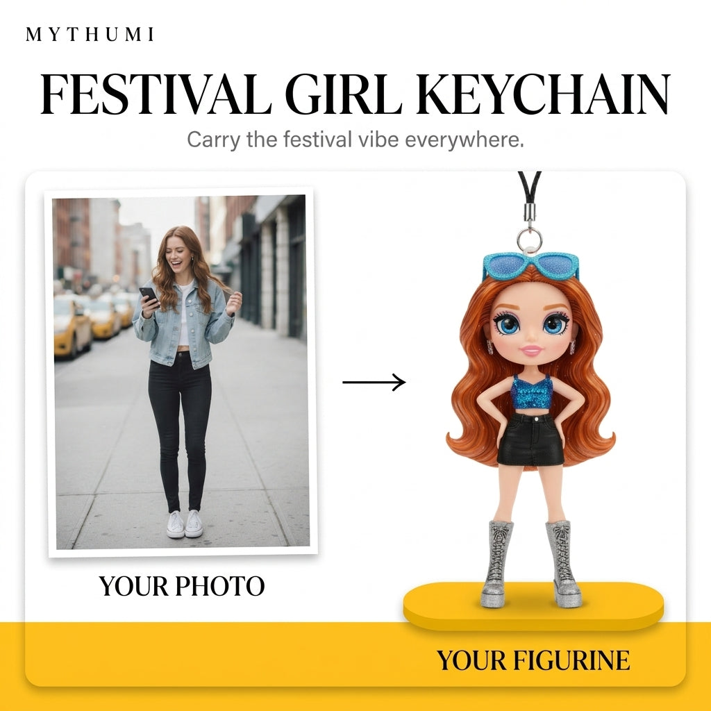 Illustration: before-and-after poster turning a portrait photo into a festival girl keychain