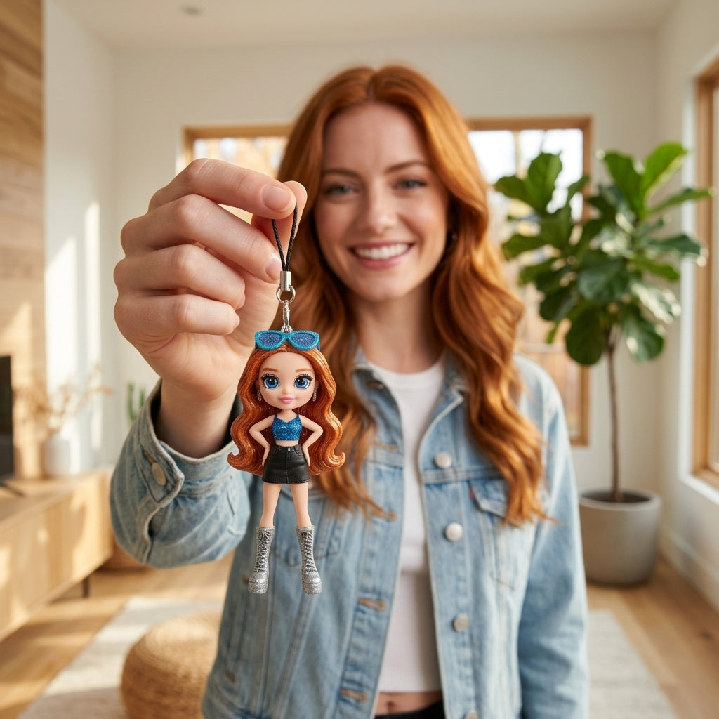 Illustration: a festival-goer holding up their festival girl keychain at home