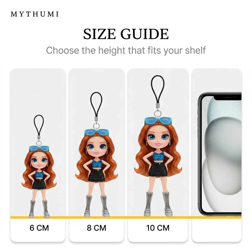Illustration: the festival girl keychain shown side by side in 6 cm, 8 cm and 10 cm heights