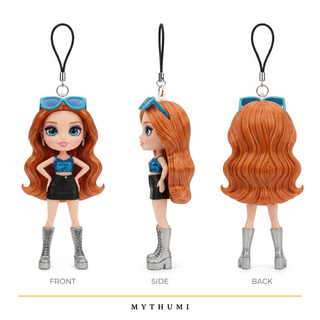 Illustration: front, side and back views of the festival girl keychain
