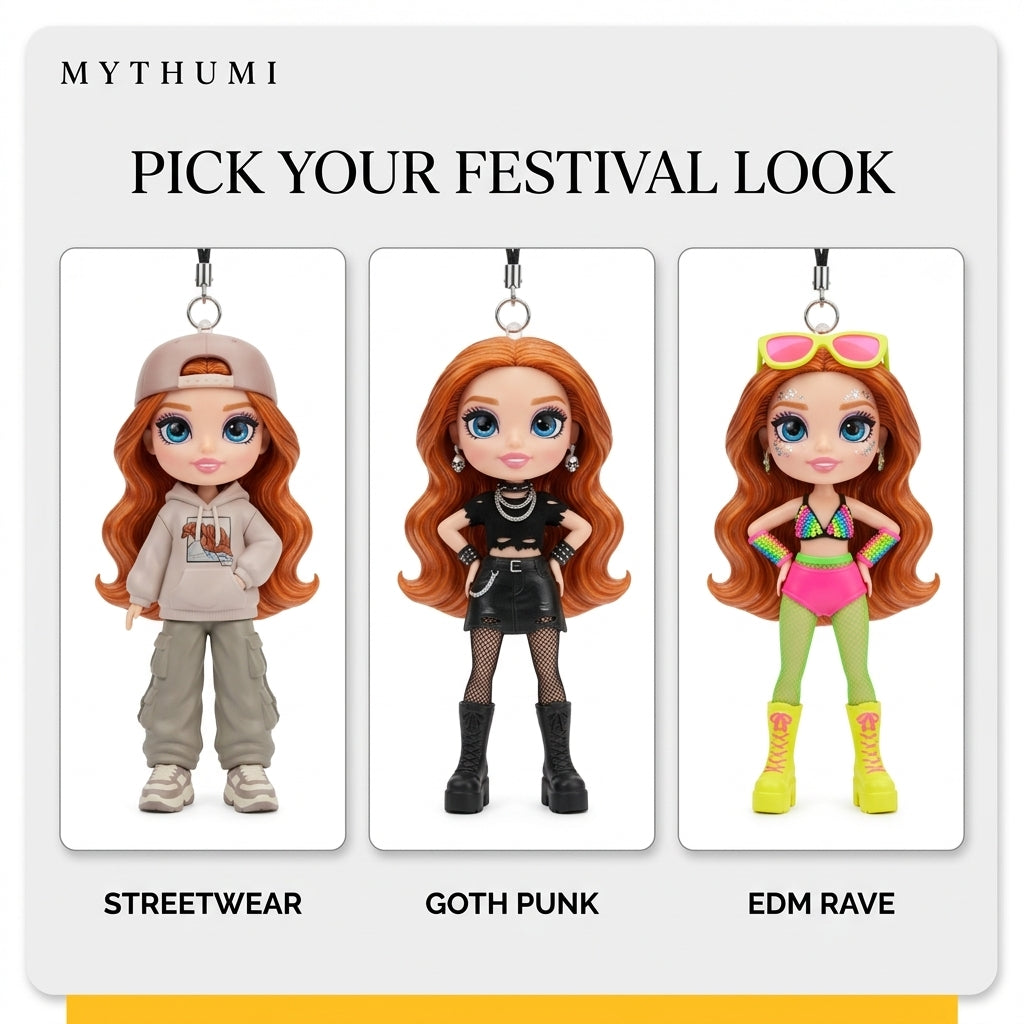 Illustration: three festival girl keychain looks side by side: oversized streetwear, goth punk and a neon rave outfit