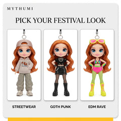 Illustration: three festival girl keychain looks side by side: oversized streetwear, goth punk and a neon rave outfit