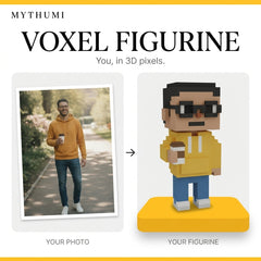 Illustration: before-and-after poster turning a portrait photo into a voxel pixel art figurine