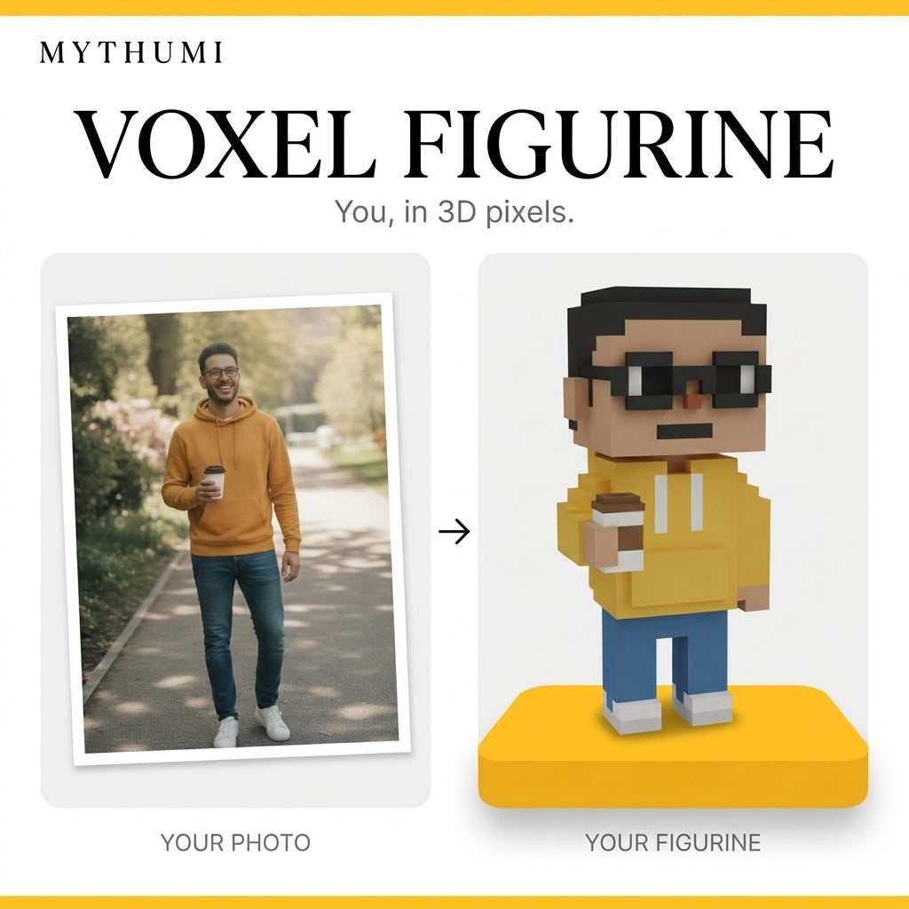 Illustration: before-and-after poster turning a portrait photo into a voxel pixel art figurine