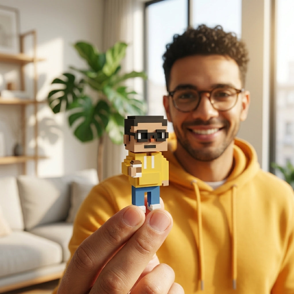 Illustration: a person holding up their voxel pixel art figurine at home