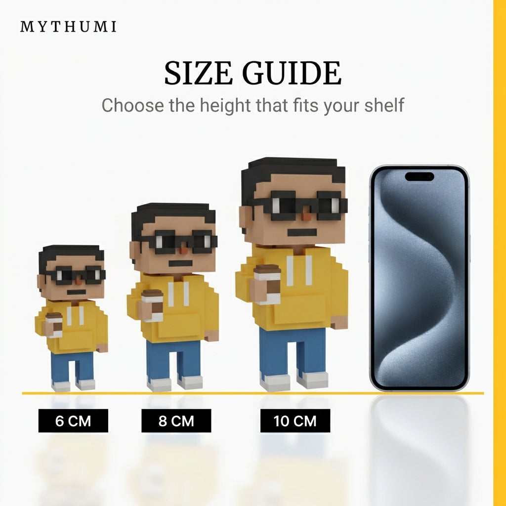 Illustration: the voxel pixel art figurine shown side by side in 6 cm, 8 cm and 10 cm heights