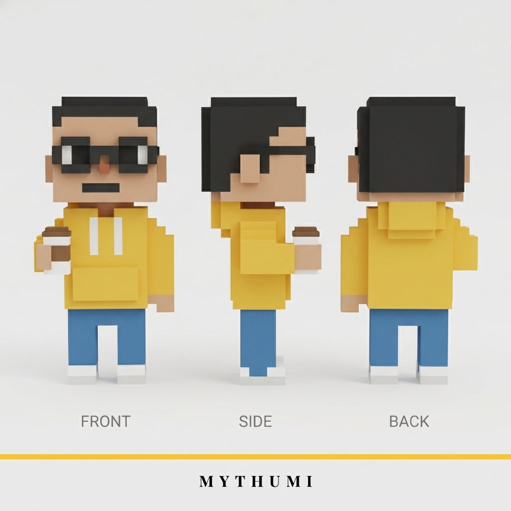 Illustration: front, side and back views of the voxel pixel art figurine