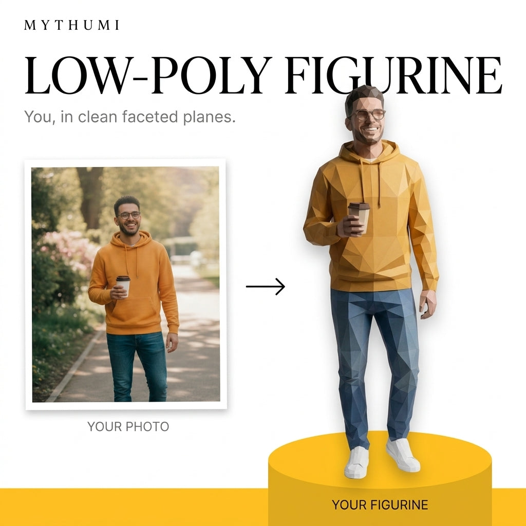 Illustration: before-and-after poster of a photo becoming a faceted low-poly figurine