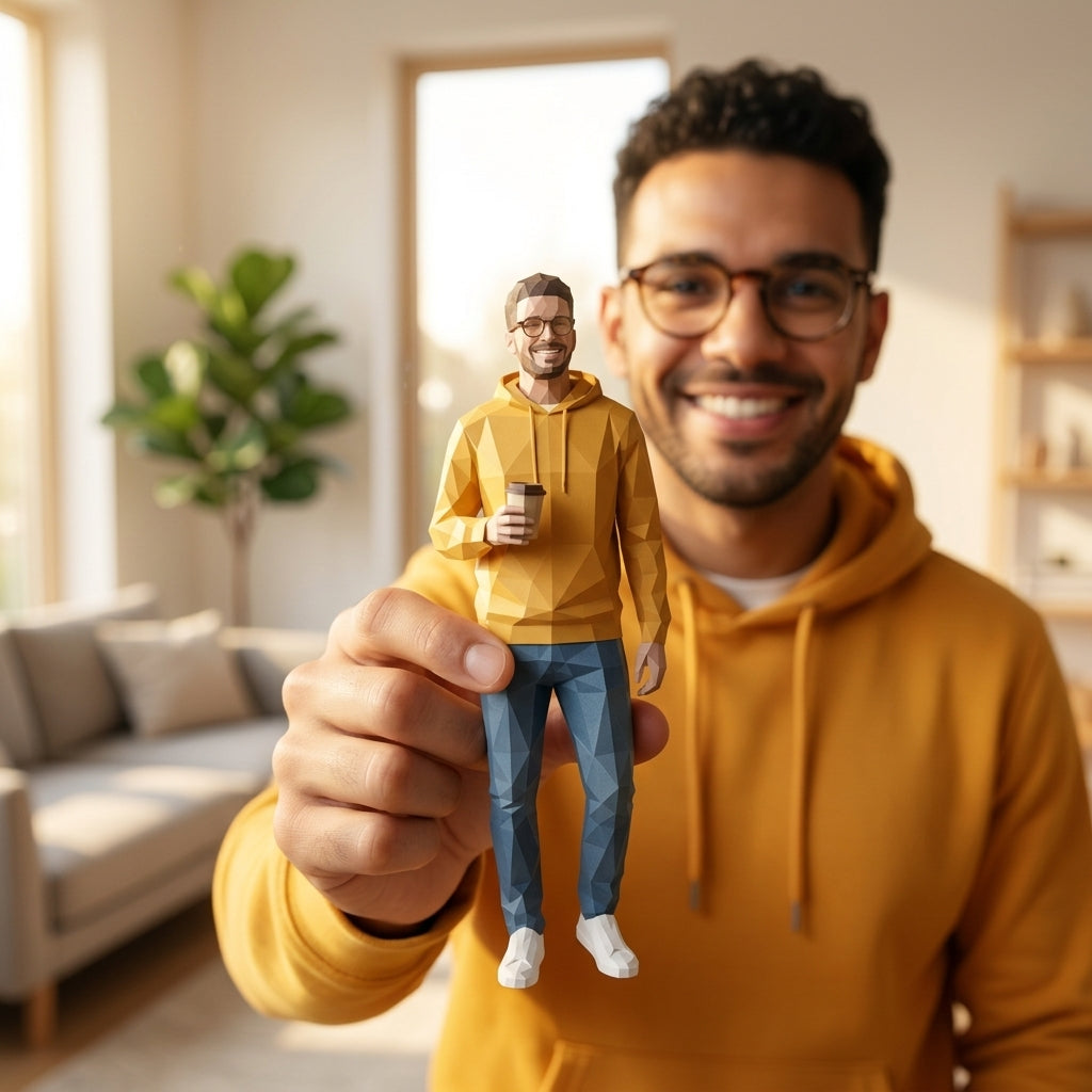 Illustration: a person holding and admiring their faceted low-poly figurine at home