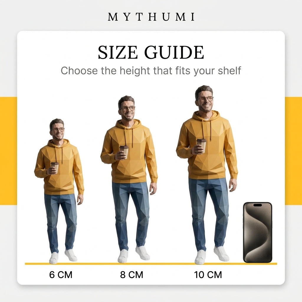 Illustration: size guide showing the faceted low-poly figurine at 6, 8 and 10 cm
